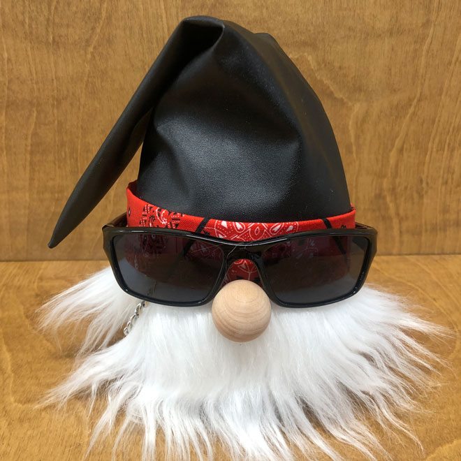 hand crafted biker gnome for the enthusiast, leather, chain and red bandana.