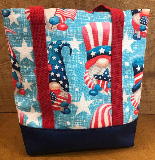hand crafted patriotic gnome tote bag July 4th, red, white and blue