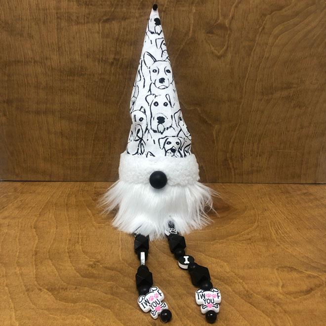 hand crafted black & white minimalist dog lover gnome, puppy woof, beaded legs