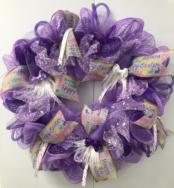 hand crafted purple, lavender, lilac and white easter gnome wreath