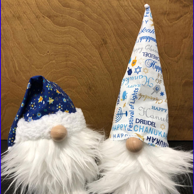 hand crafted Hanukkah gnomes, blue, white, star of David