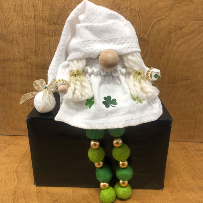 hand crafted luck-of-the-irish gnome, embroidered shamrocks, beaded legd with gold and felted balls.