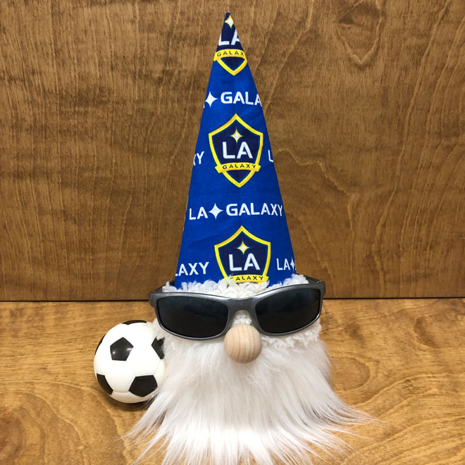 hand crafted LA Galaxy gnome soccer footballer