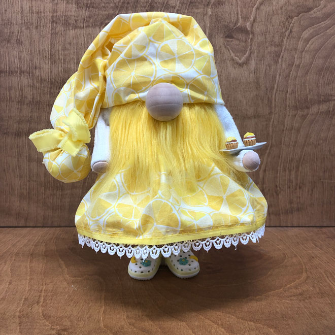 hand crafted lemon cheesecake gnome with handmade mini cheesecakes and croc shoes with jibbitz.