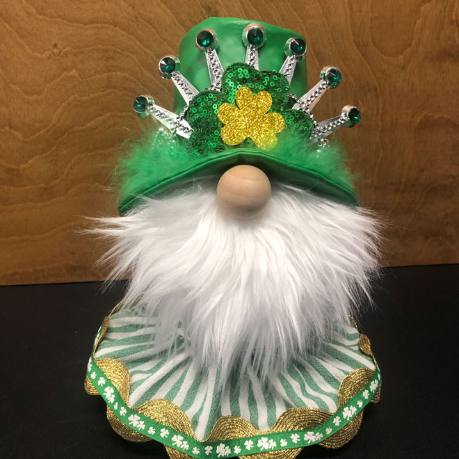 hand crafted Irish gnome with top hat, shamrock, green, gold.