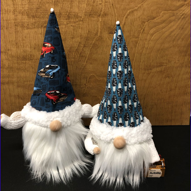 hand crafted gnomes featuring US muscle cars and spark plugs