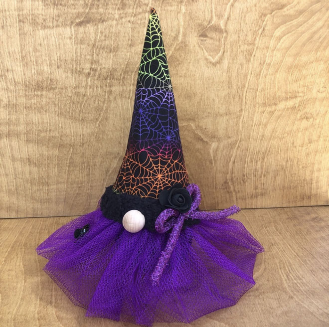 hand crafted purple tutu gnome for your fall, halloween decor.