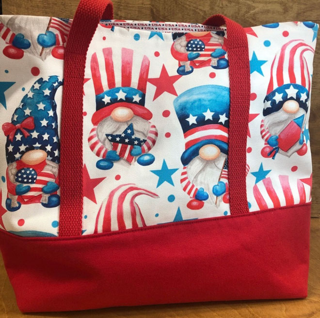 hand crafted patriotic gnome tote bag July 4th, red, white and blue