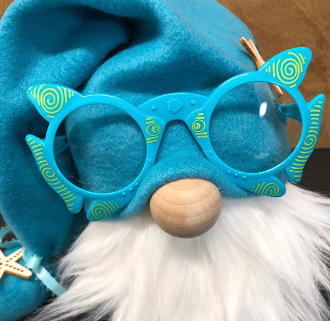 hand crafted aqua gnome with sunglasses and fish beach life
