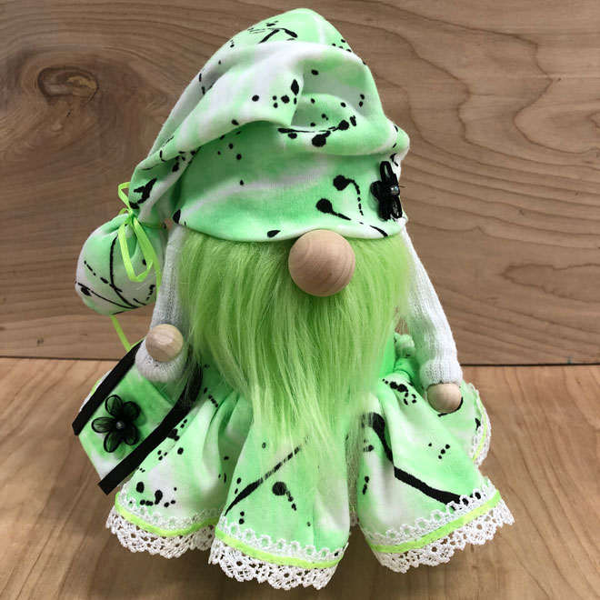 hand crafted summertime gnome in green & black tie-dye