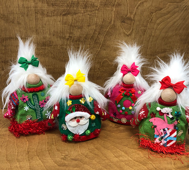 hand crafted ugly sweater christmas gnomes
