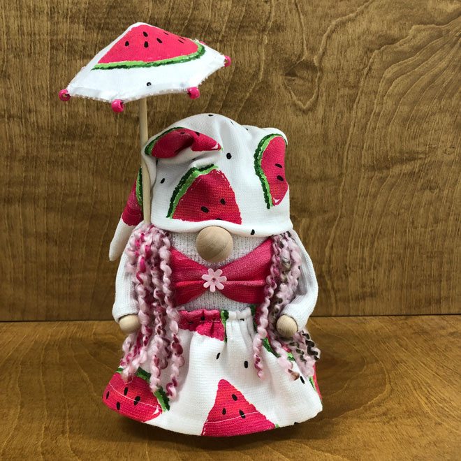 hand crafted watermelon picnic bbq gnome with matching parasol